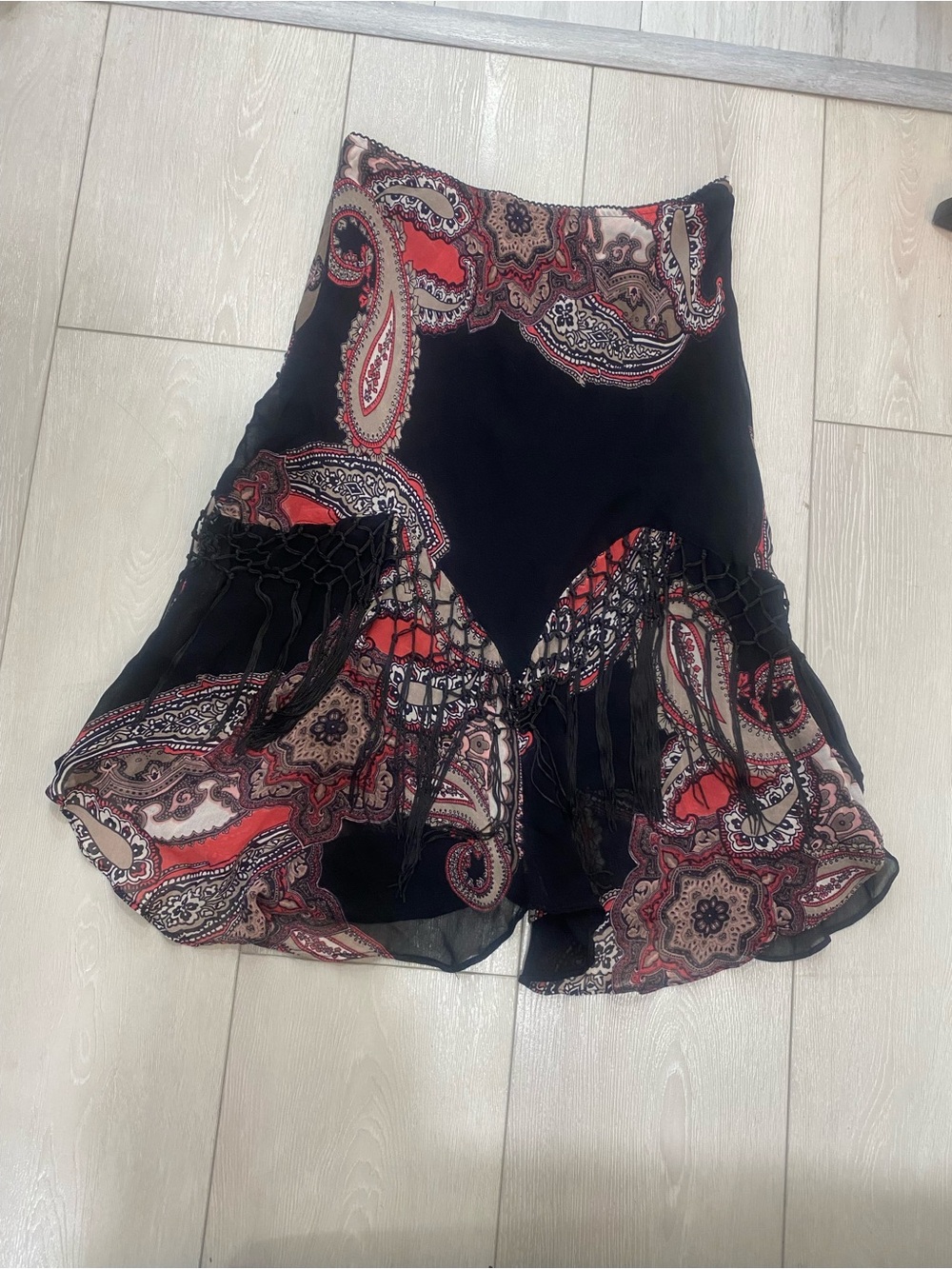 Black Paisley Circle Skirt with Red and Cream Accents